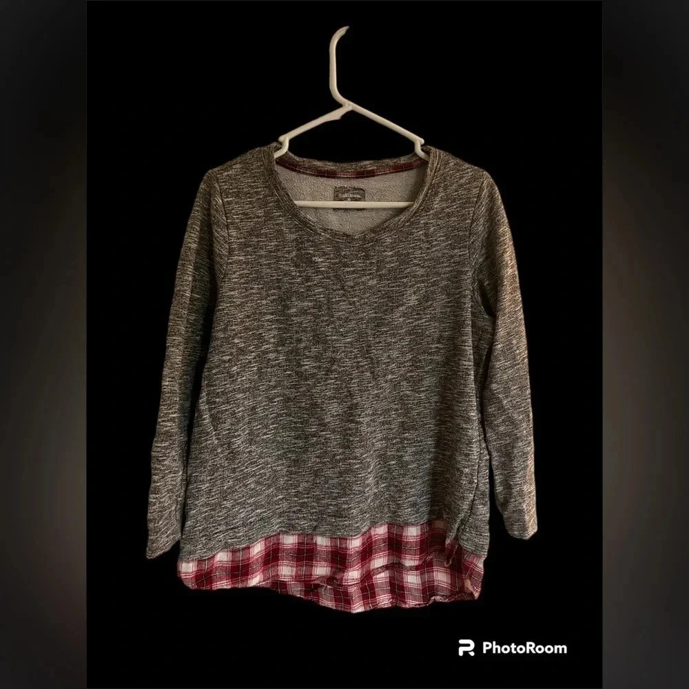 Ruff Hewn gray sweater with red plaid design on bottom